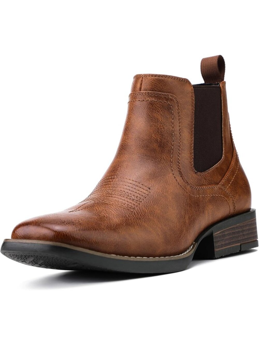 Men's Brown Faux Leather Western Cowboy Chelsea Square Toe Retro Ankle Boots